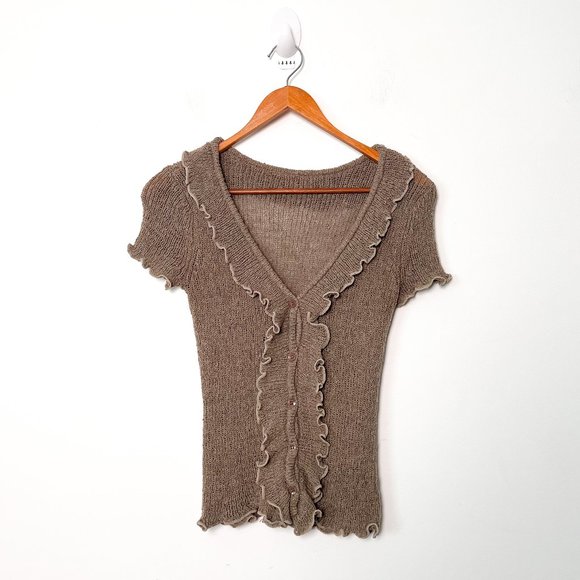 Y2K Ruffled Olive Knit Short Sleeve Cardigan Blouse - Picture 1 of 7